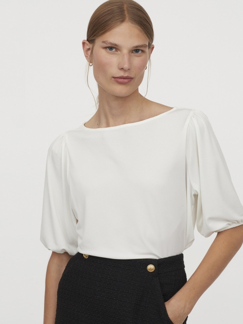 

H&M Puff-sleeved boat-neck top, White