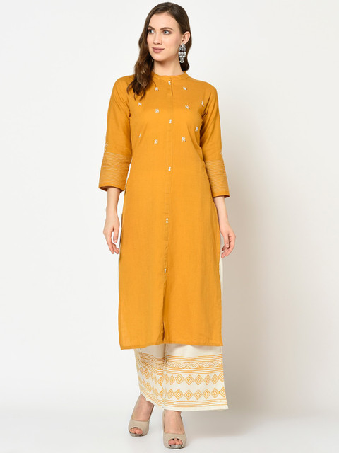 

Yufta Women Mustard Yellow & White Yoke Design Kurta with Palazzos