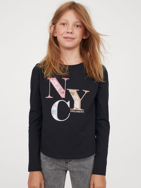 

H&M Girls Black Embellished Motif-Front Top