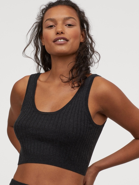 

H&M Women Grey Solid Rib-Knit Cropped Top