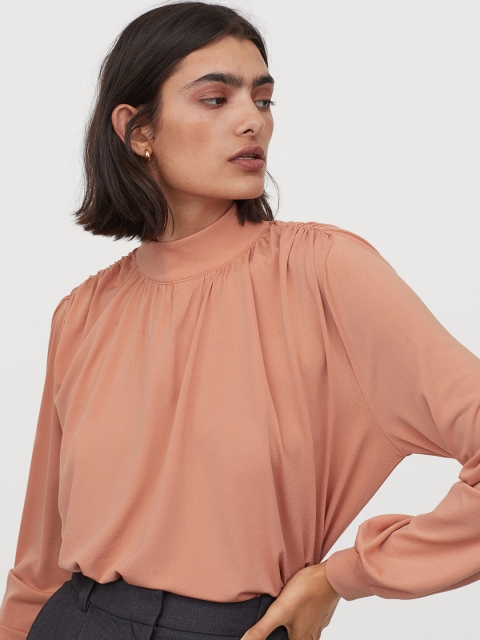 

H&M Women Salmon Pink Solid Stand-Up Collar Top