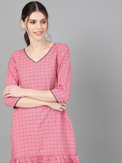 

AKS Women Pink & Black Checked Drop-Waist Dress