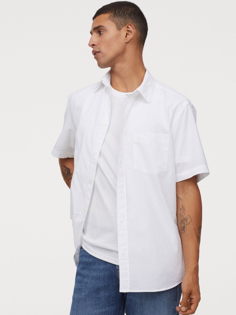 

H&M Men White Solid Cotton Shirt Regular Fit