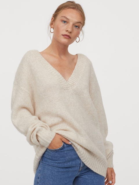 

H&M Women Beige Solid Knitted Jumper
