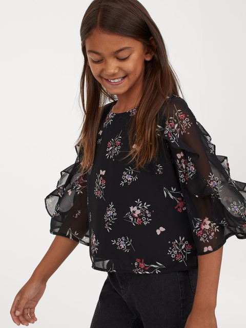 

H&M Girls Black & White Printed Flounce-Sleeved Chiffon Blouse