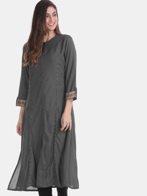 

Bronz Women Grey Solid Straight Kurta with Piping