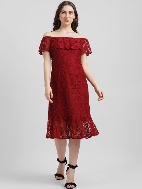 

Zink London Women Red Self Design Fit & Flare Off Shoulder Dress