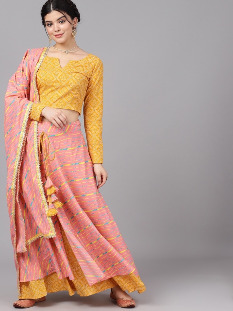 

AKS Mustard & Pink Printed Ready to Wear Lehenga & Blouse with Dupatta