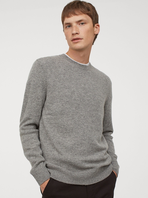 

H&M Men Grey Solid Knitted Lambswool Jumper