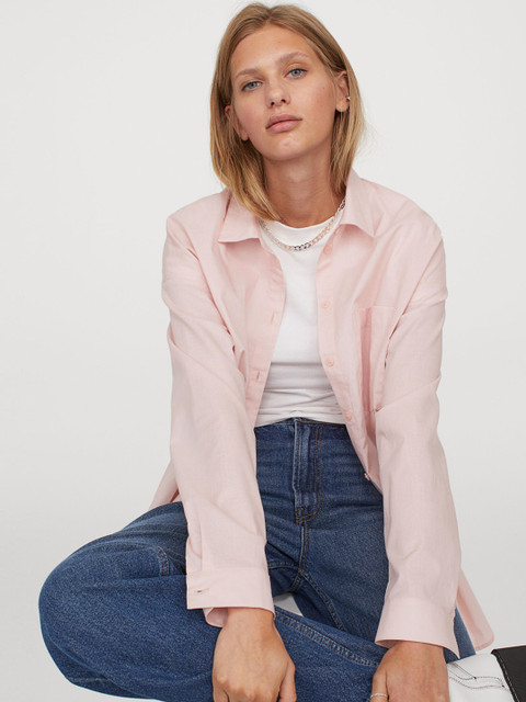

H&M Women Pink Oversized Cotton Shirt