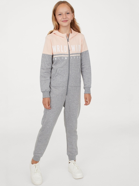 

H&M Girls Grey Melange & Pastel Orange Colourblocked Sweatshirt All-In-One Suit