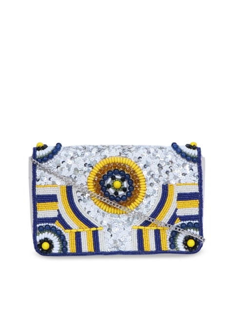 

Diwaah Navy Blue & Yellow Embellished Box Clutch