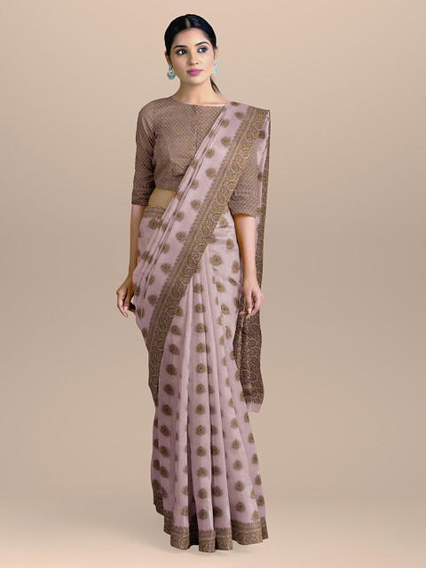

BharatSthali Pink & Gold-Coloured Silk Cotton Woven Design Handloom Banarasi Saree