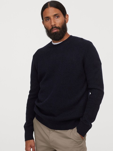 

H&M Men Navy Blue Solid Knitted Lambswool Jumper