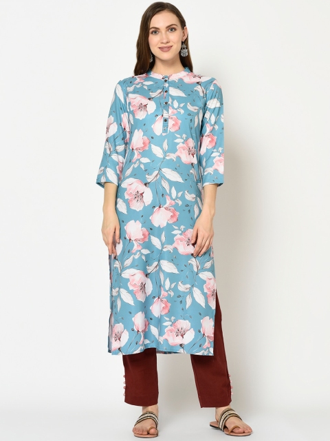 

Yufta Women Blue Floral Printed Straight Kurta