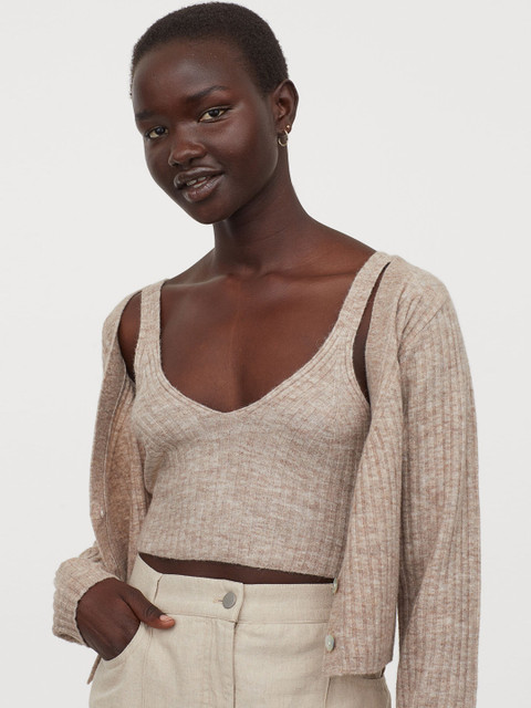 

H&M Women Beige Ribbed Wool Blend Cropped Top