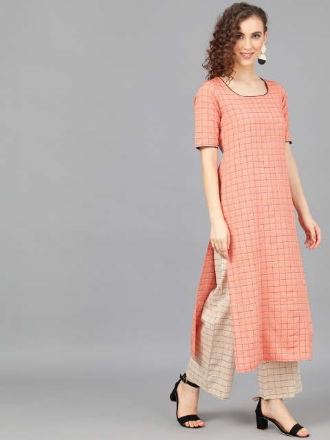 

AKS Women Peach-Coloured & Beige Printed Kurta with Palazzos