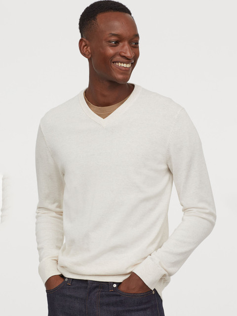 

H&M Men White V-neck Cotton Jumper