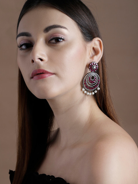 

rubans LUXURY Silver-Toned & Pink Crescent Shaped Ruby Studded Oxidised Drop Earrings