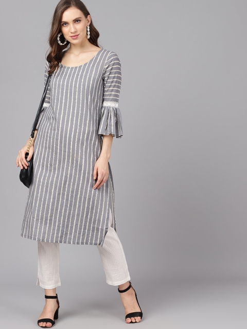 

AKS Women Grey & White Striped Straight Kurta