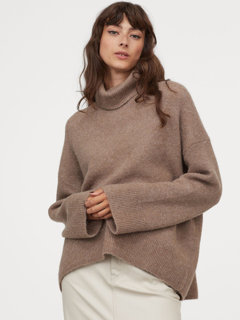 

H&M Women Beige Solid Wool-Blend Polo-Neck Jumper