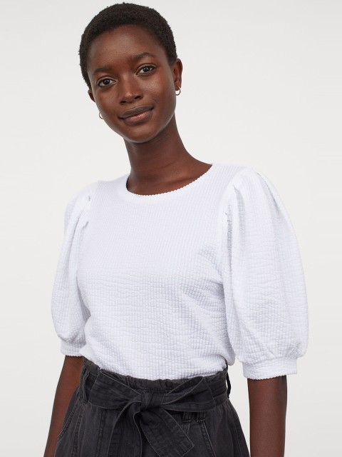 

H&M Women White Solid Puff Sleeved Top