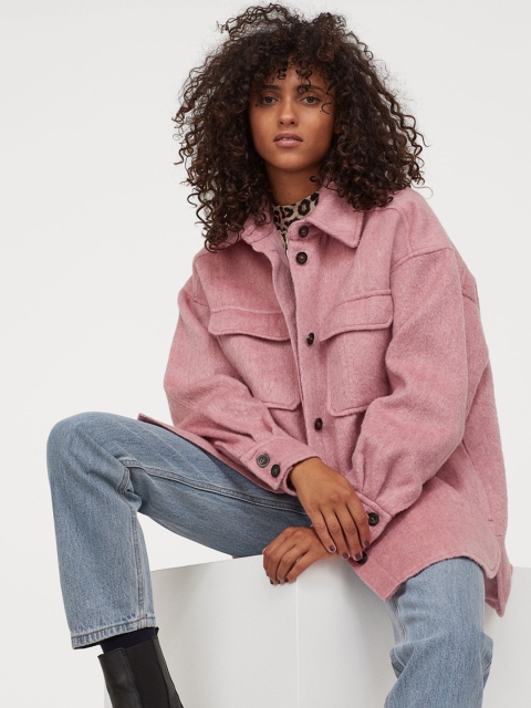 

H&M Women Pink Solid Wool-Blend Shacket