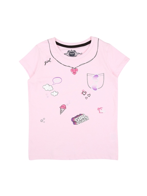 CHALK by Pantaloons Girls Pink Printed Round Neck Pure Cotton T-shirt