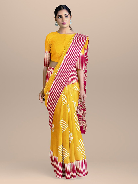 

BharatSthali Yellow & Pink Pure Cotton Printed Handloom Sustainable Saree