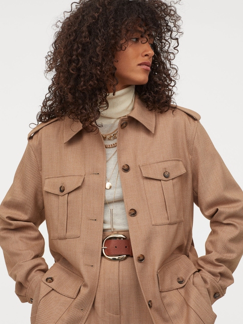 

H&M Women Beige Solid Belted Utility Jacket