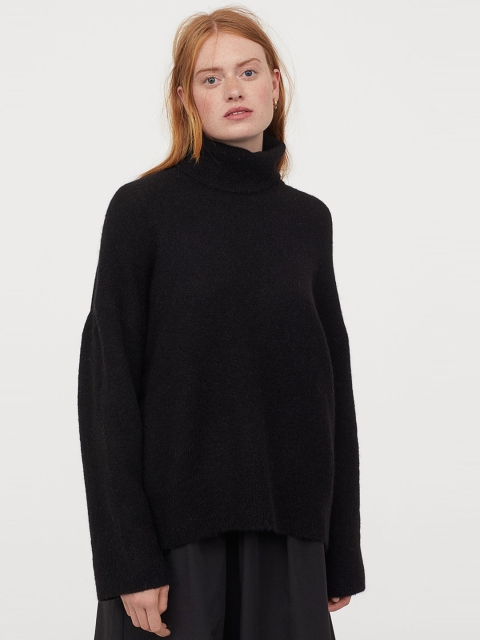 

H&M Women Black Solid Wool-Blend Polo-Neck Jumper