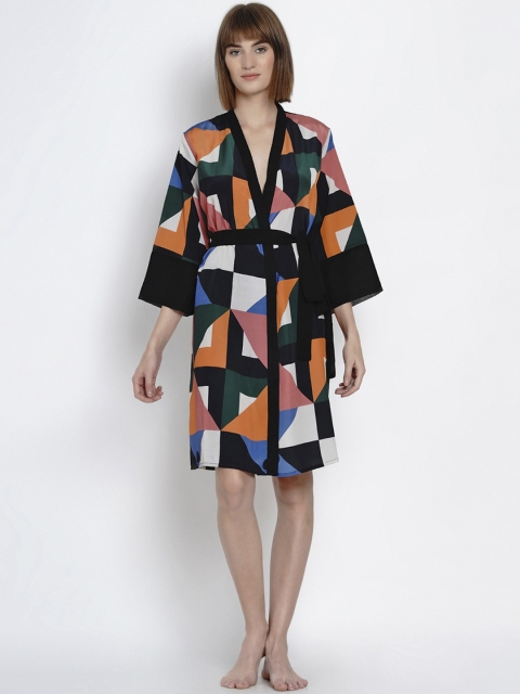 

EROTISSCH Women Black & Orange Printed Knee-Length Robe