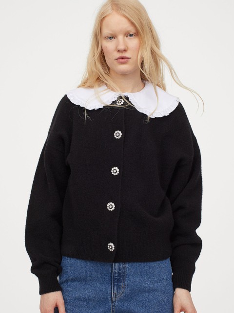 

H&M Women Black Solid Rhinestone Buttoned Cardigan