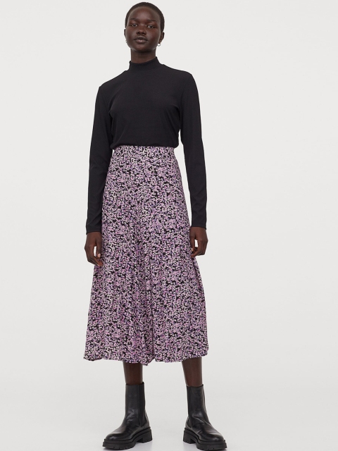 

H&M Women Black & Purple Printed Calf-length Skirt