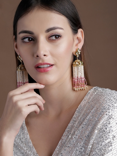 

rubans LUXURY Gold-Plated & Pink Tasselled Dome Shaped Drop Earrings