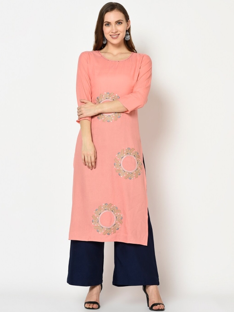 

Yufta Women Peach-Coloured Floral Embroidered Straight Kurta