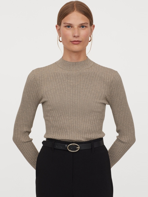 

H&M Women Beige Solid Ribbed Jumper