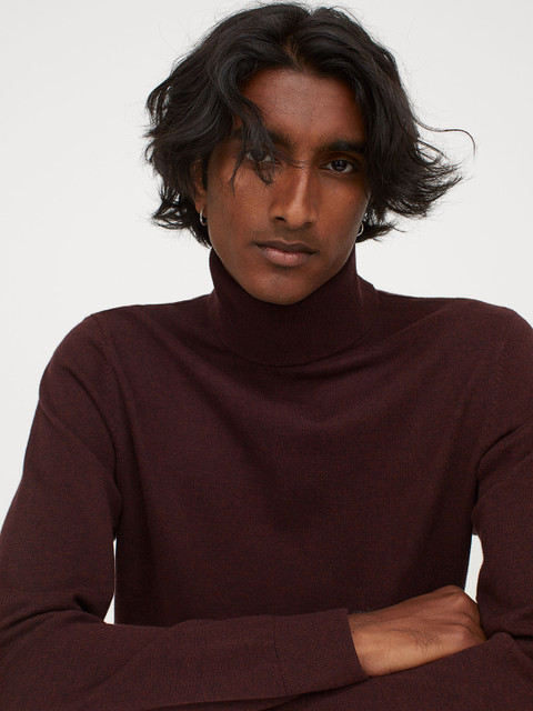 

H&M Men Brown Fine-Knit Polo-Neck Jumper