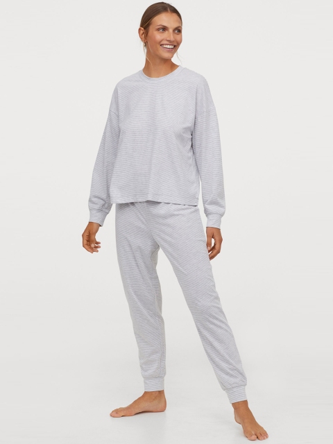 

H&M Women Grey Solid Patterned Jersey Pyjamas, Blue