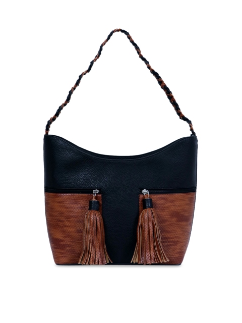 

Diwaah Navy Blue & Brown Colourblocked Tasselled Hobo Bag