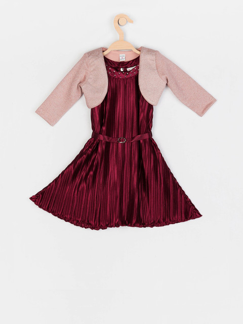

Peppermint Girls Maroon Self Design Fit and Flare Dress With Jacket