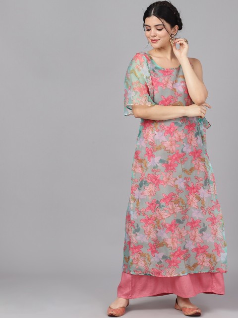 

AKS Women Pink Floral Print Layered Maxi Dress
