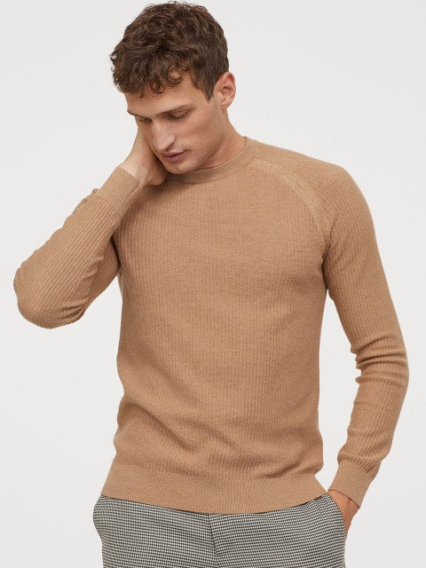 

H&M Men Beige Solid Knitted Jumper Muscle Fit