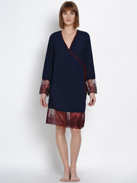 

EROTISSCH Women Navy Blue & Burgundy Solid Knee-Length Robe