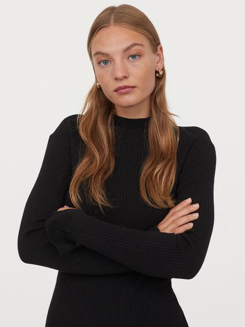 

H&M Women Black Solid Ribbed Turtleneck Jumper