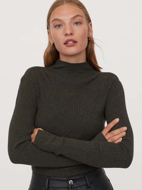 

H&M Women Dark Green Ribbed Turtleneck Jumper