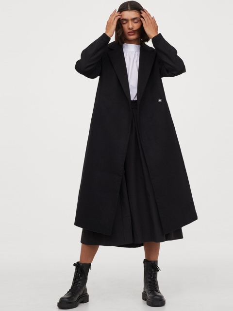 

H&M Women Black Solid Tie-Belt Coat
