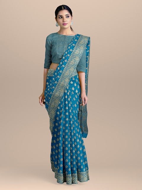 

BharatSthali Blue & Gold-Coloured Silk Cotton Woven Design Handloom Banarasi Saree