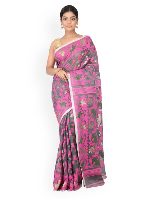 

PinkLoom Grey & Pink Pure Cotton Floral Printed Jamdani Sustainable Saree
