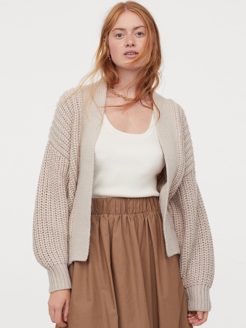 

H&M Women Beige Solid Rib-Knit Cardigan